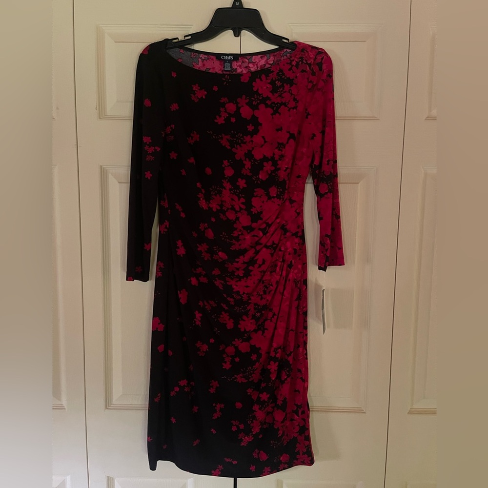 Chaps Black and Red Floral Long Sleeve  Sheath Dress